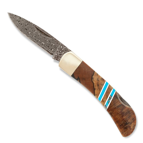 Santa Fe Stoneworks 3-inch Lockback Pocket Knife with Damascus Steel Blade, Spalted Beech and Turquoise