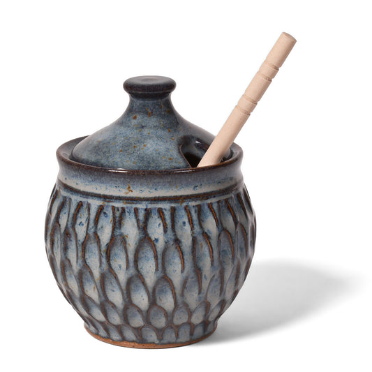 Dirty Dog Pottery Handmade Carved Honeypot, Shades of Blue