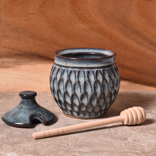 Dirty Dog Pottery Handmade Carved Honeypot, Shades of Blue