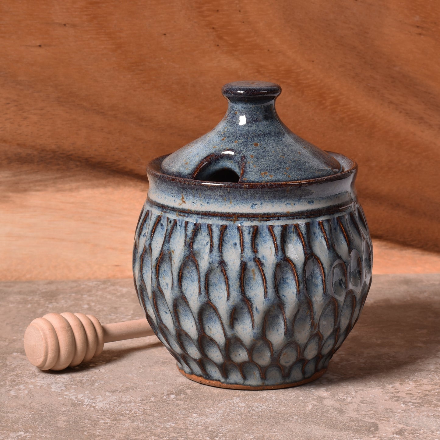 Dirty Dog Pottery Handmade Carved Honeypot, Shades of Blue