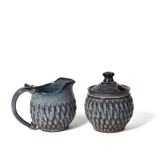 Dirty Dog Pottery Handmade Carved Cream and Sugar Set, Shades of Blue