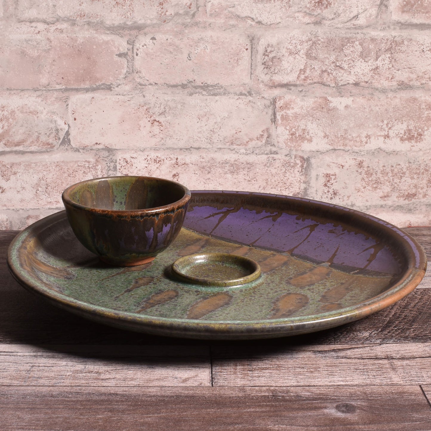 Dock 6 Pottery Handmade Chip and Dip Platter and Bowl Set, Purple/Green