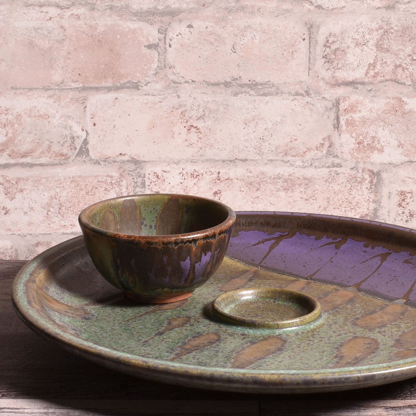 Dock 6 Pottery Handmade Chip and Dip Platter and Bowl Set, Purple/Green