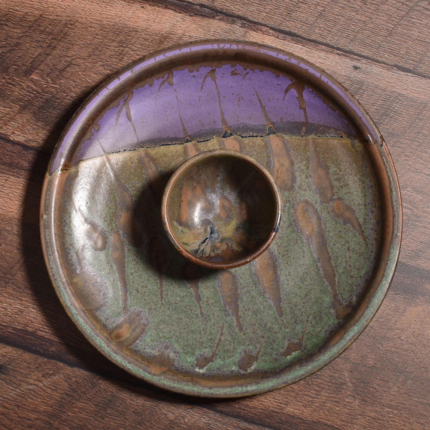 Dock 6 Pottery Handmade Chip and Dip Platter and Bowl Set, Purple/Green