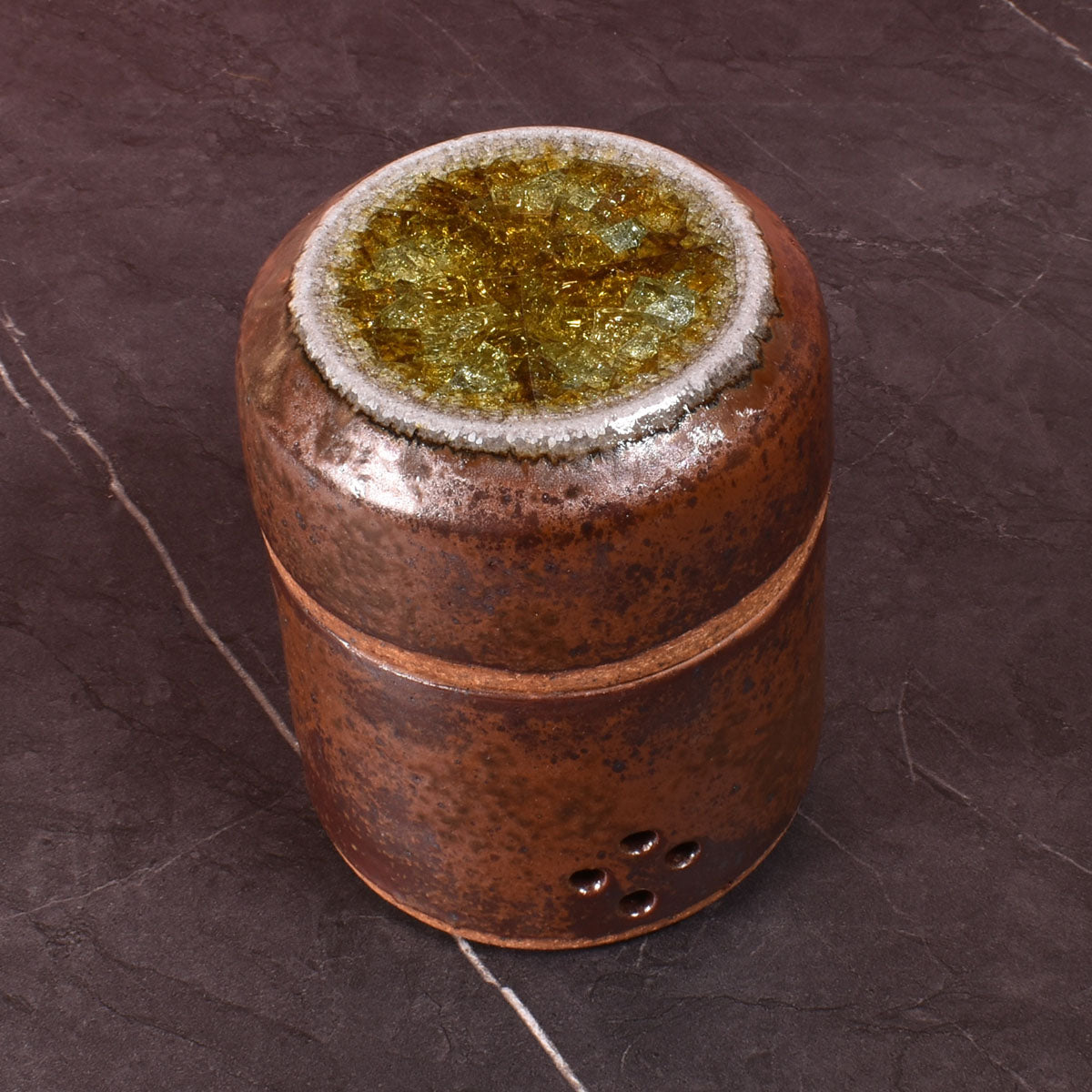Dock 6 Pottery Handmade Small Garlic Keeper with Fused Glass Lid, Copper