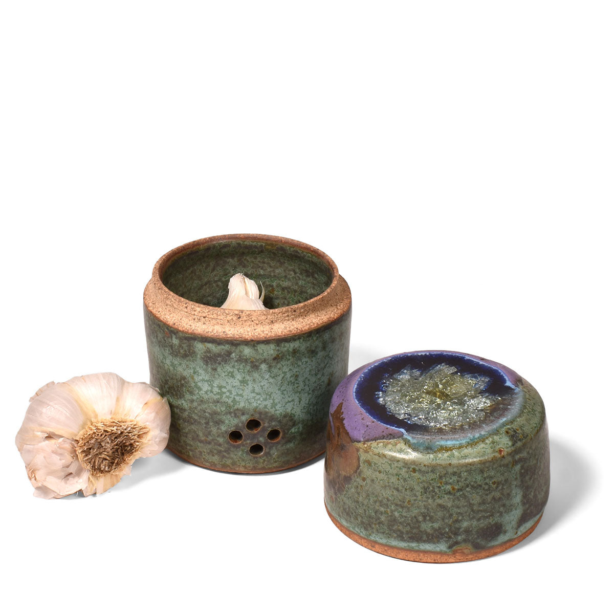 Dock 6 Pottery Handmade Small Garlic Keeper with Fused Glass Lid, Purple/Green