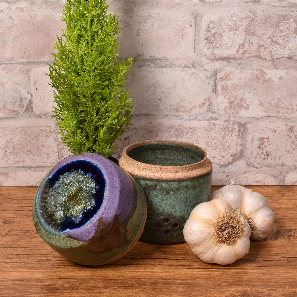 Dock 6 Pottery Handmade Small Garlic Keeper with Fused Glass Lid, Purple/Green