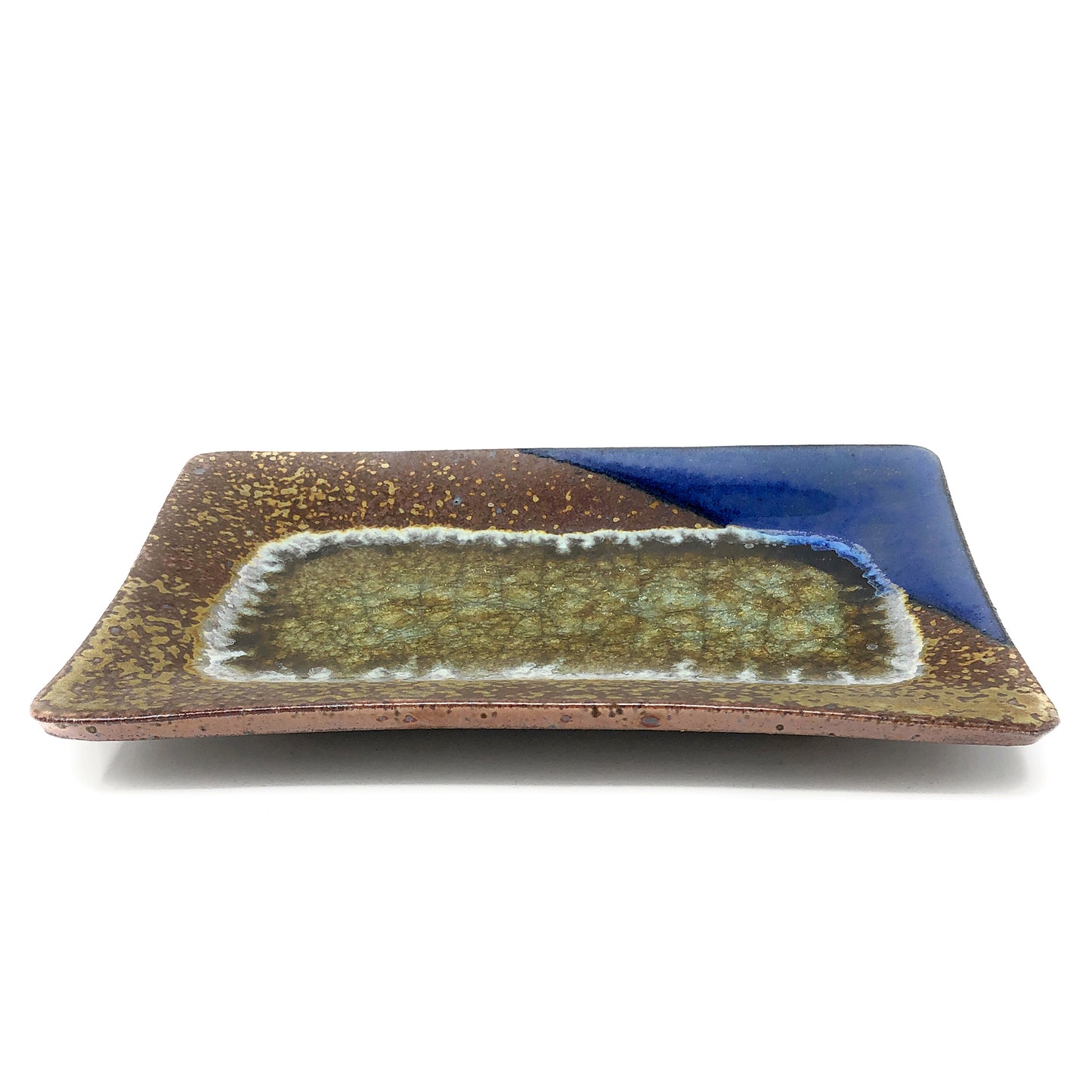 Dock 6 Pottery 10-inch Rectangular Tray with Fused Glass, Cobalt/Copper