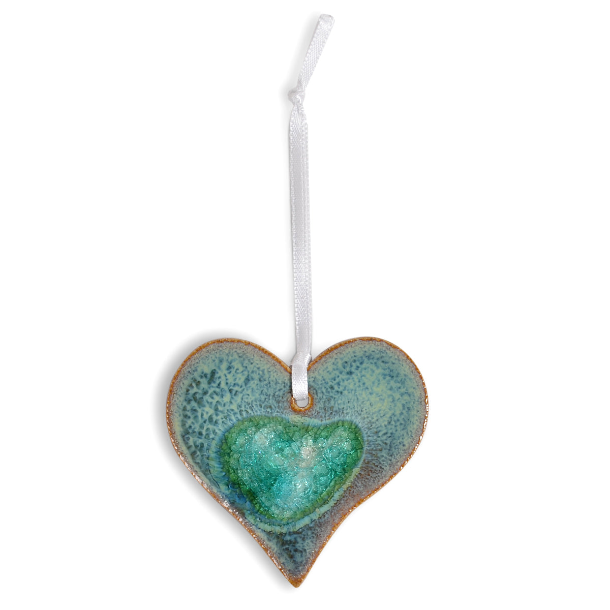 Dock 6 Pottery Heart Ornament with Fused Glass, Textured Turquoise