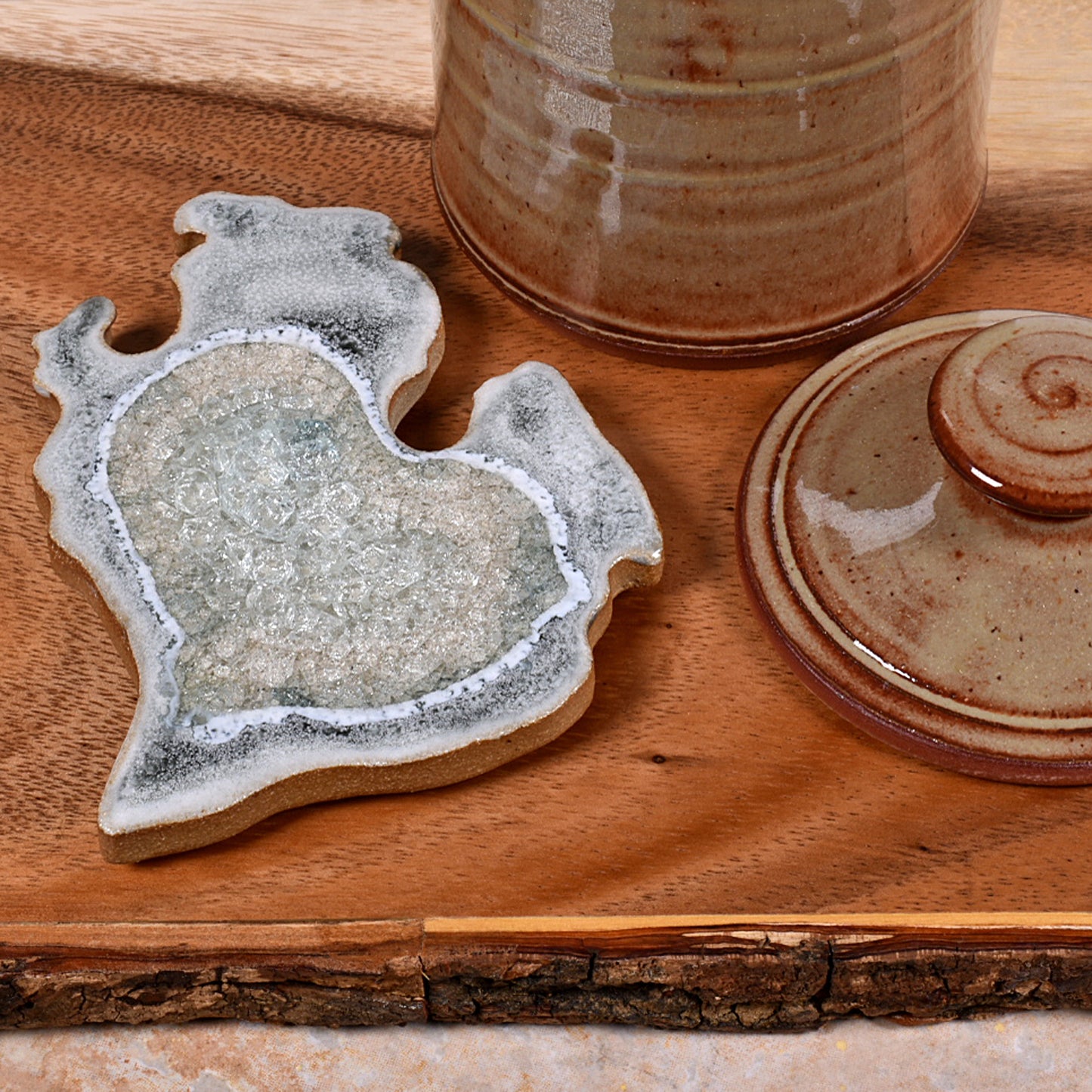 Dock 6 Pottery Michigan State Coaster with Fused Glass