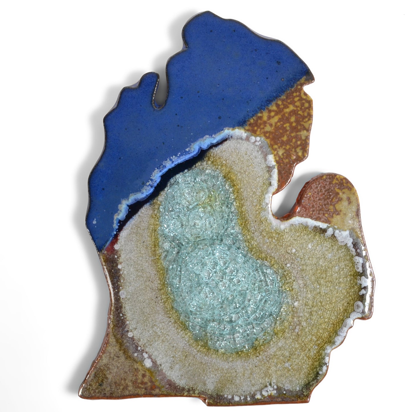 Dock 6 Pottery Lower Michigan Trivet with Fused Glass, 11 x 8.5 inches, Cobalt and Copper
