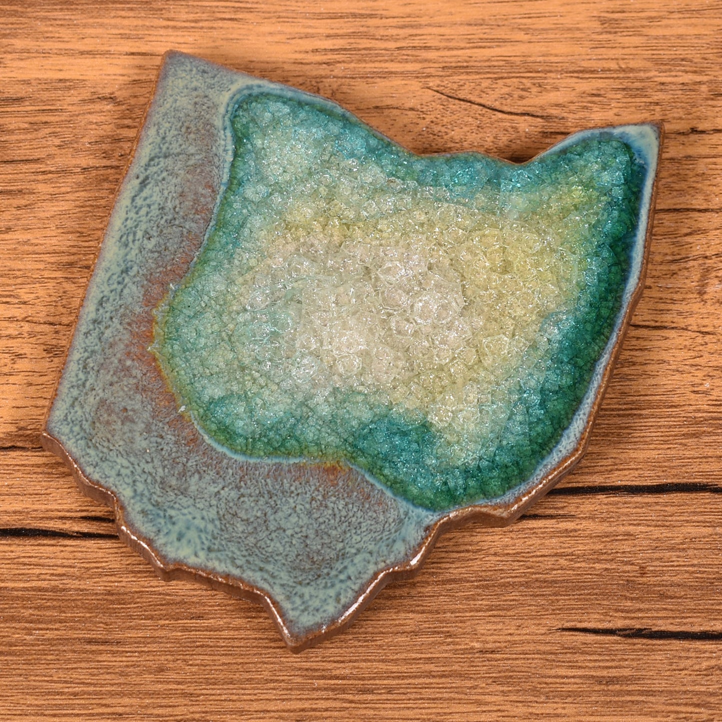 Dock 6 Pottery Ohio State Coaster with Fused Glass, Textured Turquoise