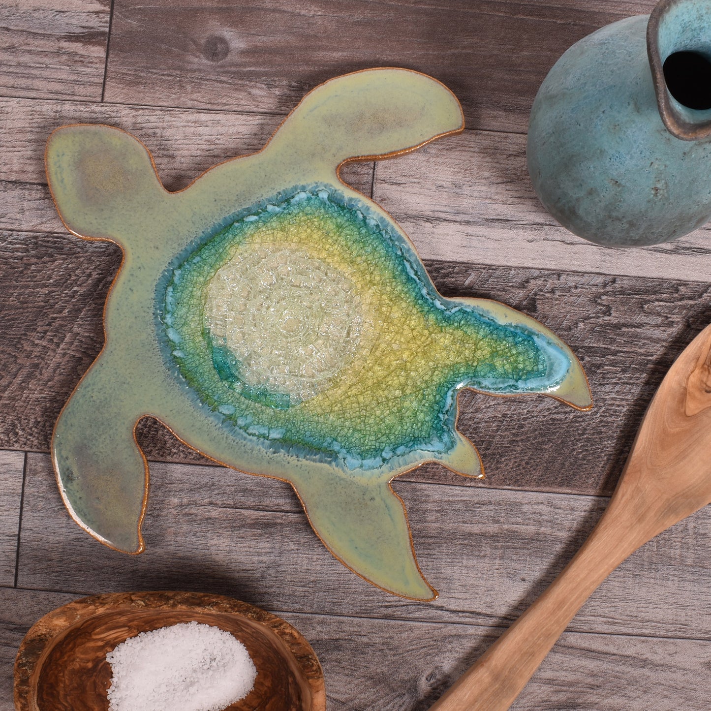Dock 6 Pottery Sea Turtle Trivet with Fused Glass, Textured Turquoise