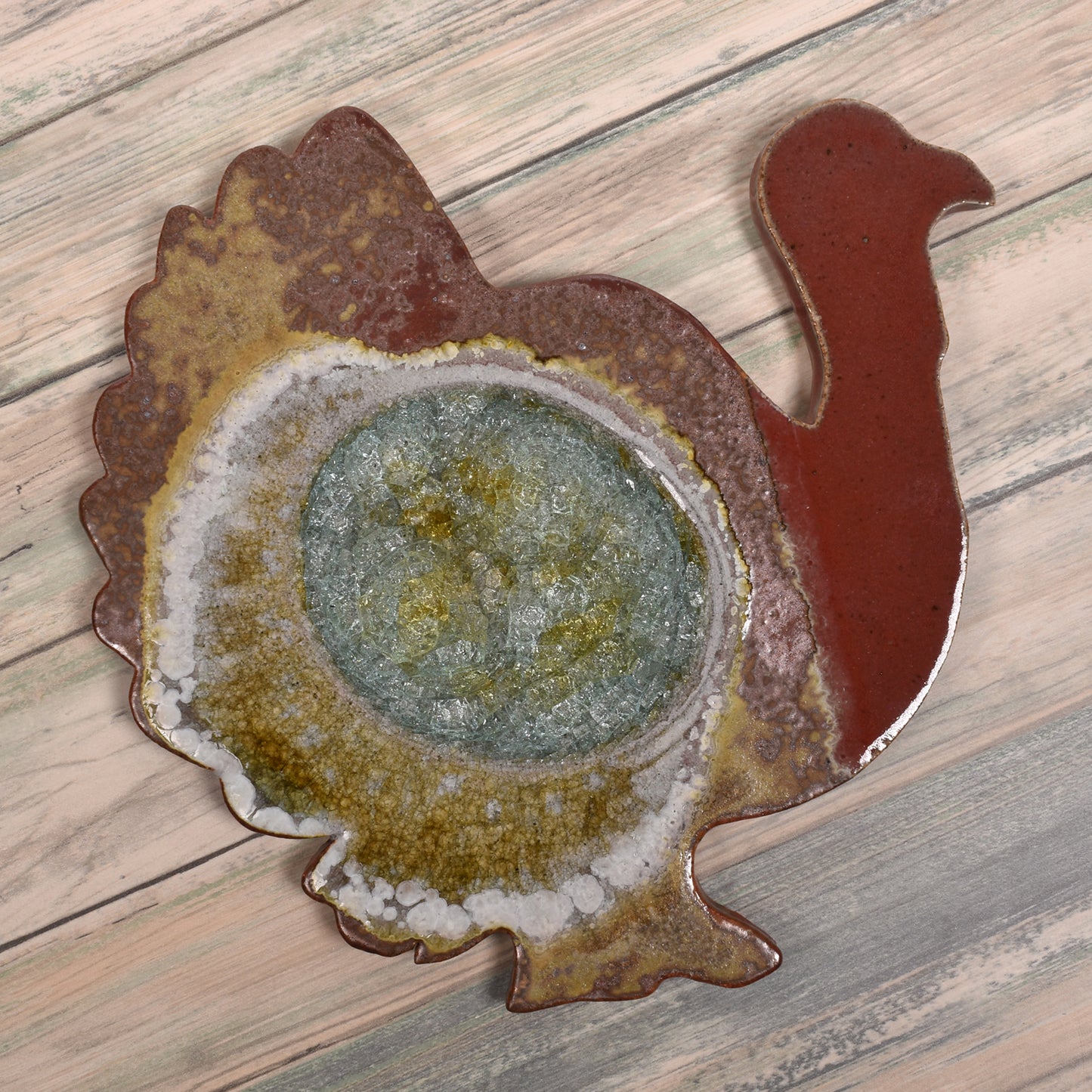 Dock 6 Pottery Turkey Trivet with Fused Glass, Red/Copper
