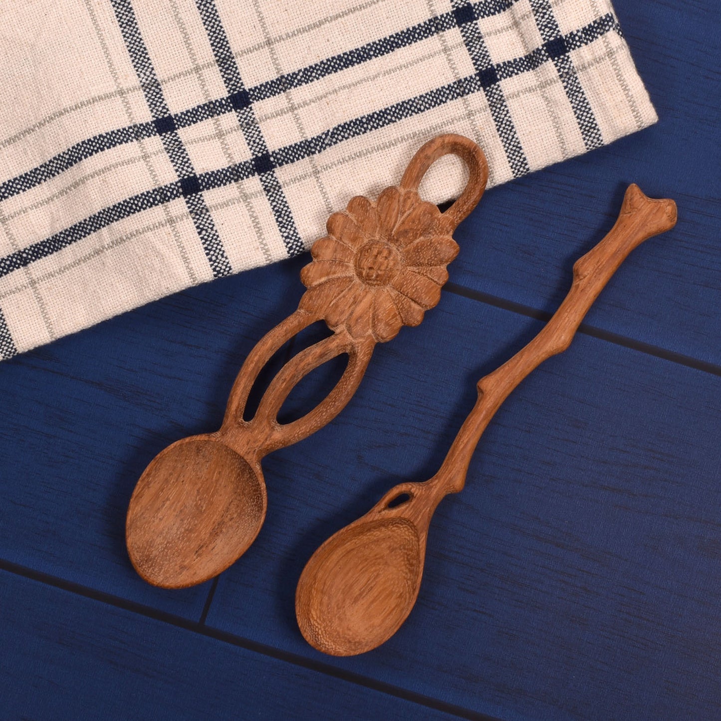 Carved Doussie Wood Condiment Spoons with Twig and Flower Handles, Set of 2