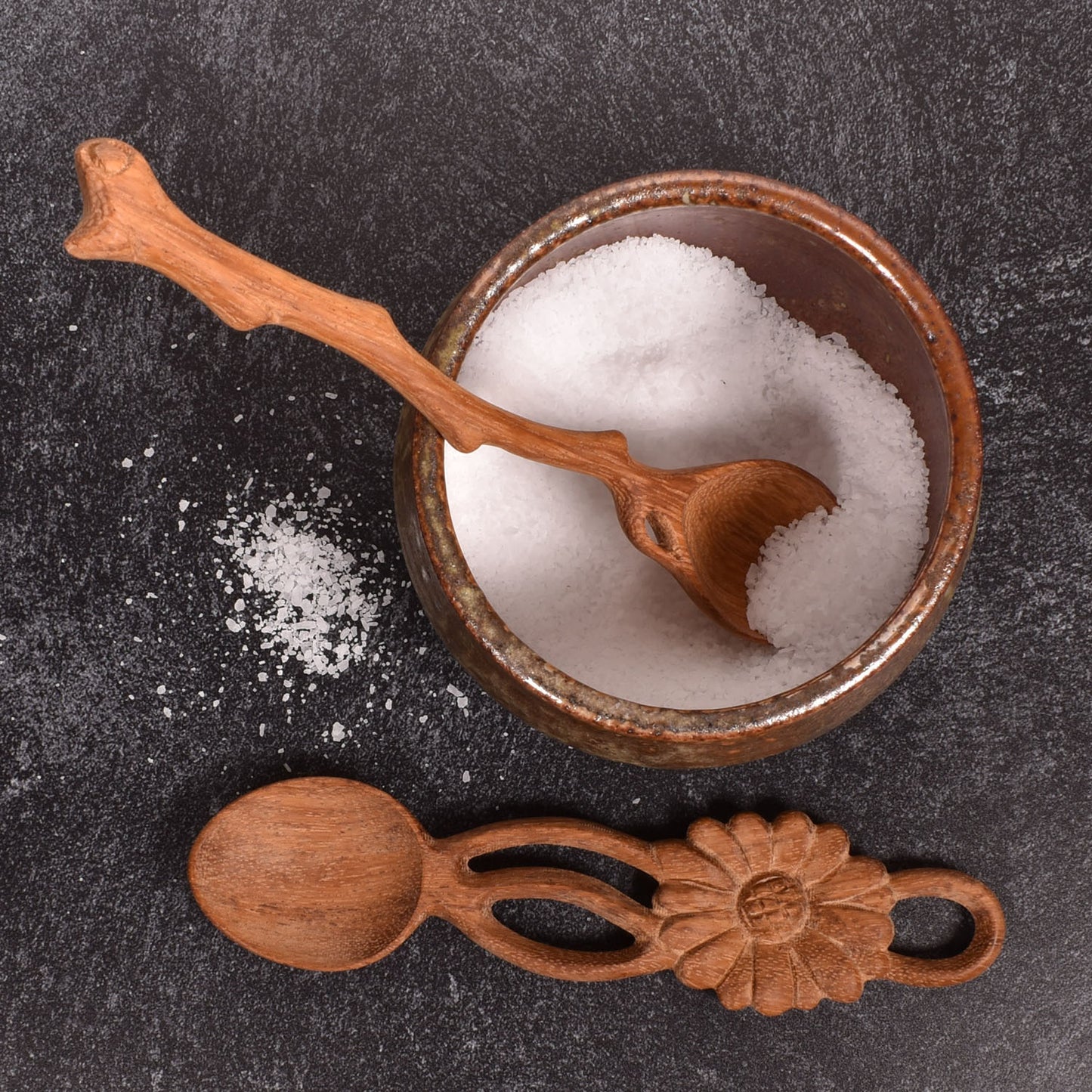 Carved Doussie Wood Condiment Spoons with Twig and Flower Handles, Set of 2