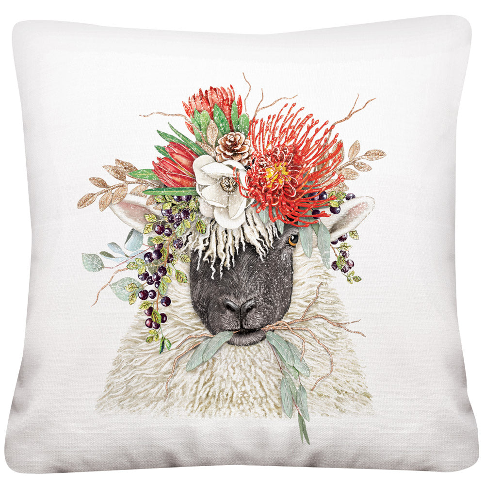Mary Lake-Thompson Sheep with Protea Crown 16-inch Square Cotton Pillow