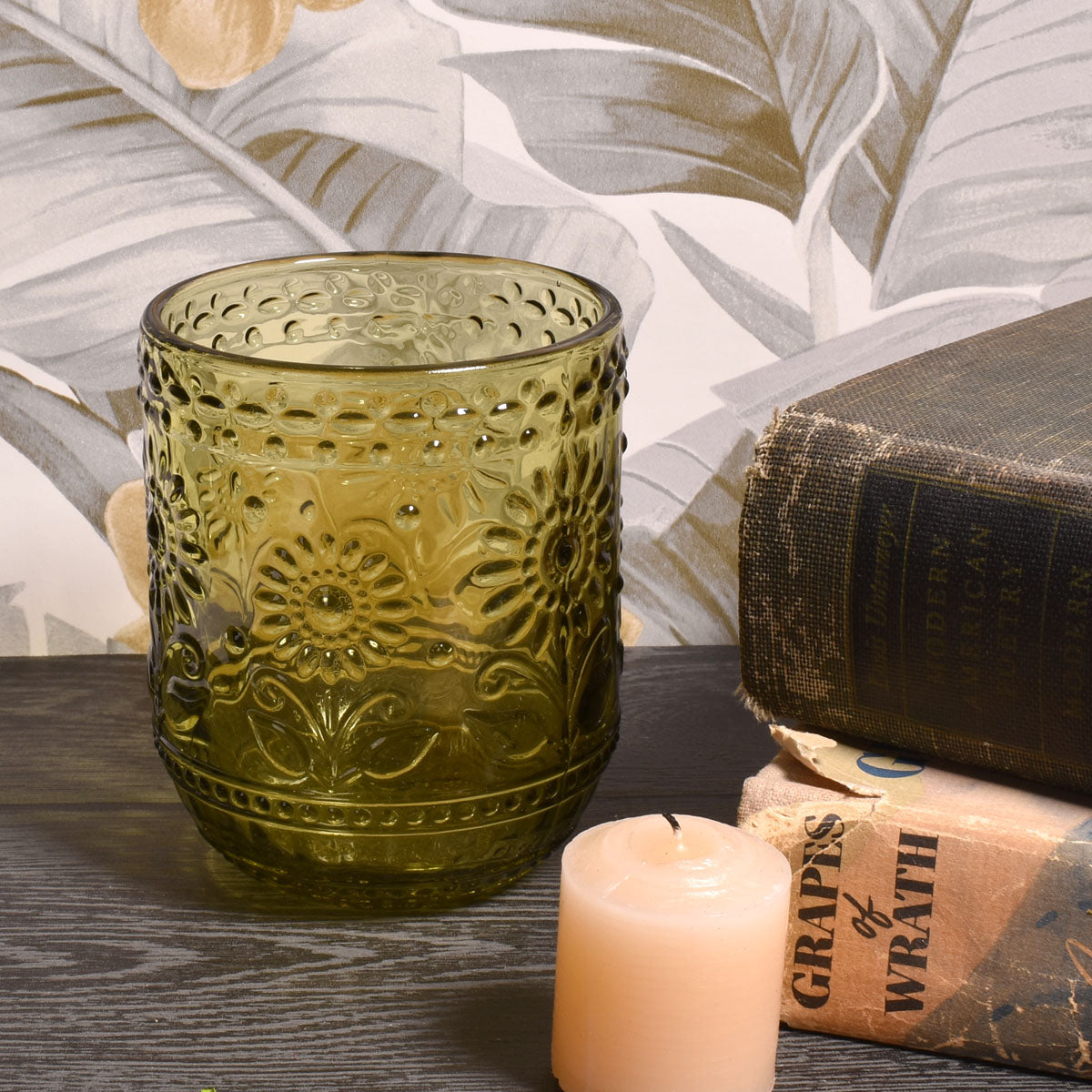 Floral Embossed 12-ounce Glass Tumbler/Votive Holder, Green