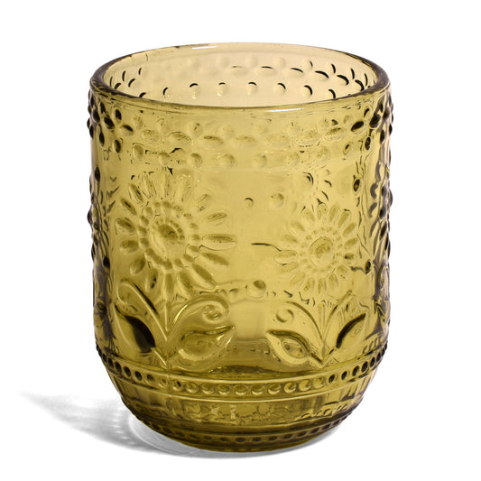 Floral Embossed 12-ounce Glass Tumbler/Votive Holder, Green