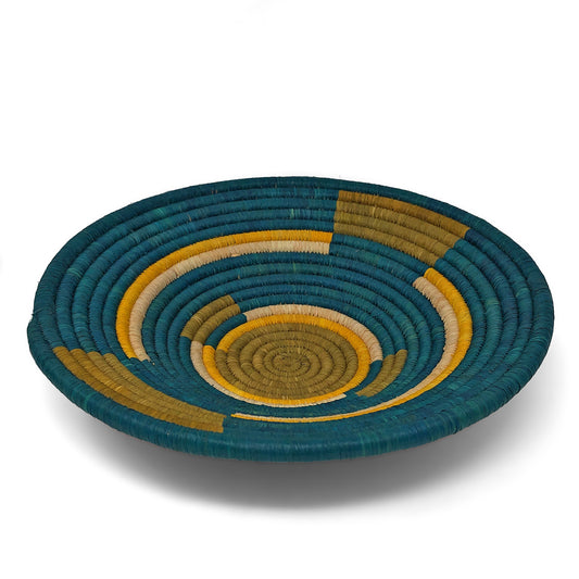 African Fair Trade Handwoven Raffia Basket, Medium, Blue/Multi