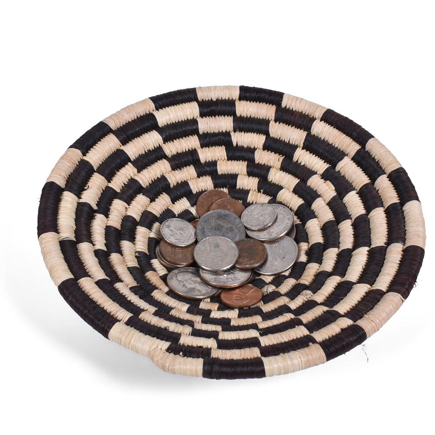 African Fair Trade Handwoven Raffia Basket for Wall or Table Display, Black/Ivory Check, X-Small