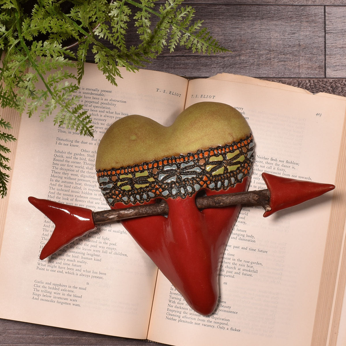 Laurie Pollpeter Eskenazi Little Harlequin with Arrow Ceramic Wall Heart in Red and Gold