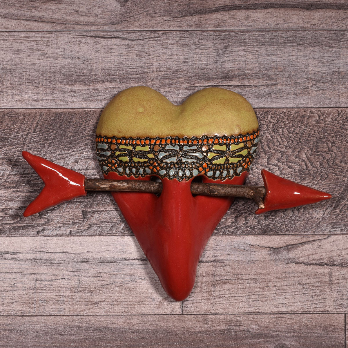 Laurie Pollpeter Eskenazi Little Harlequin with Arrow Ceramic Wall Heart in Red and Gold