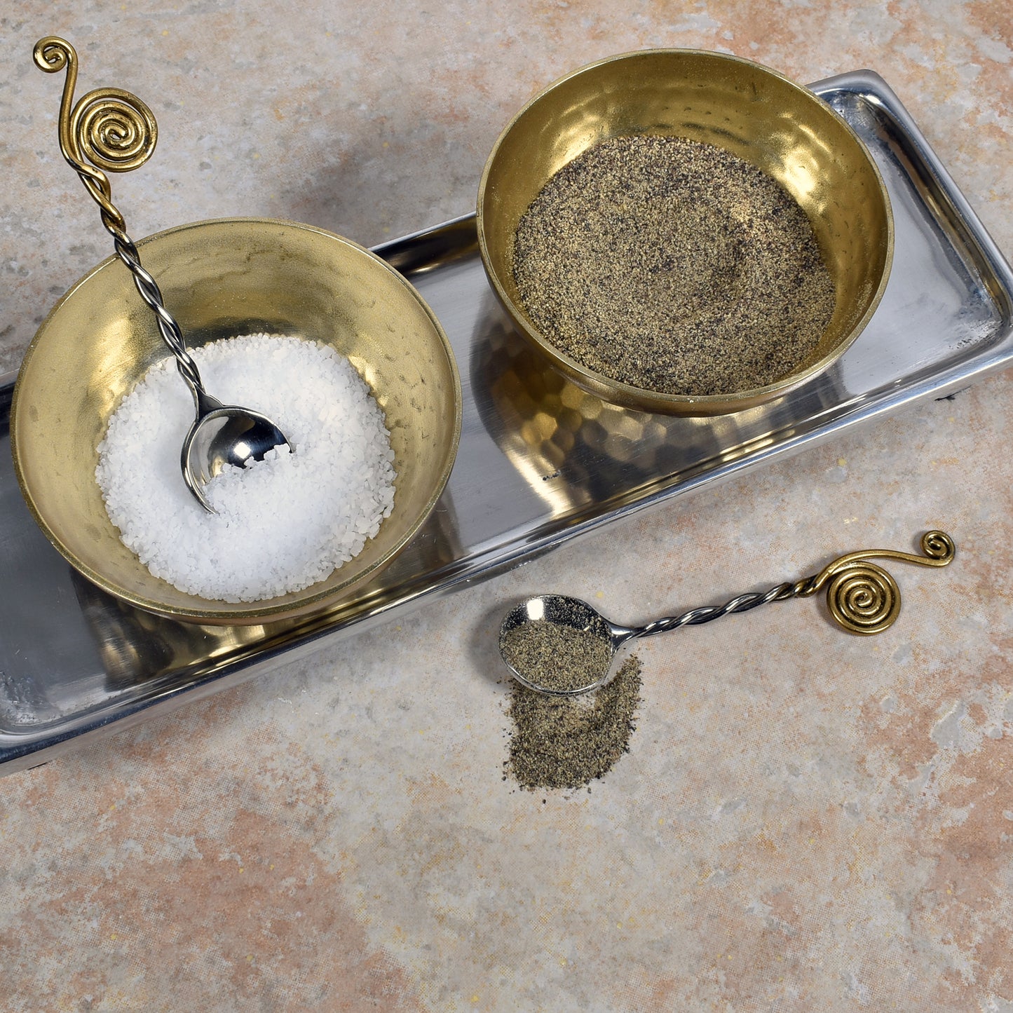 Hammered Metal 3-inch Condiment Bowls with Spoons and Cast Aluminum Tray, Gold/Silver