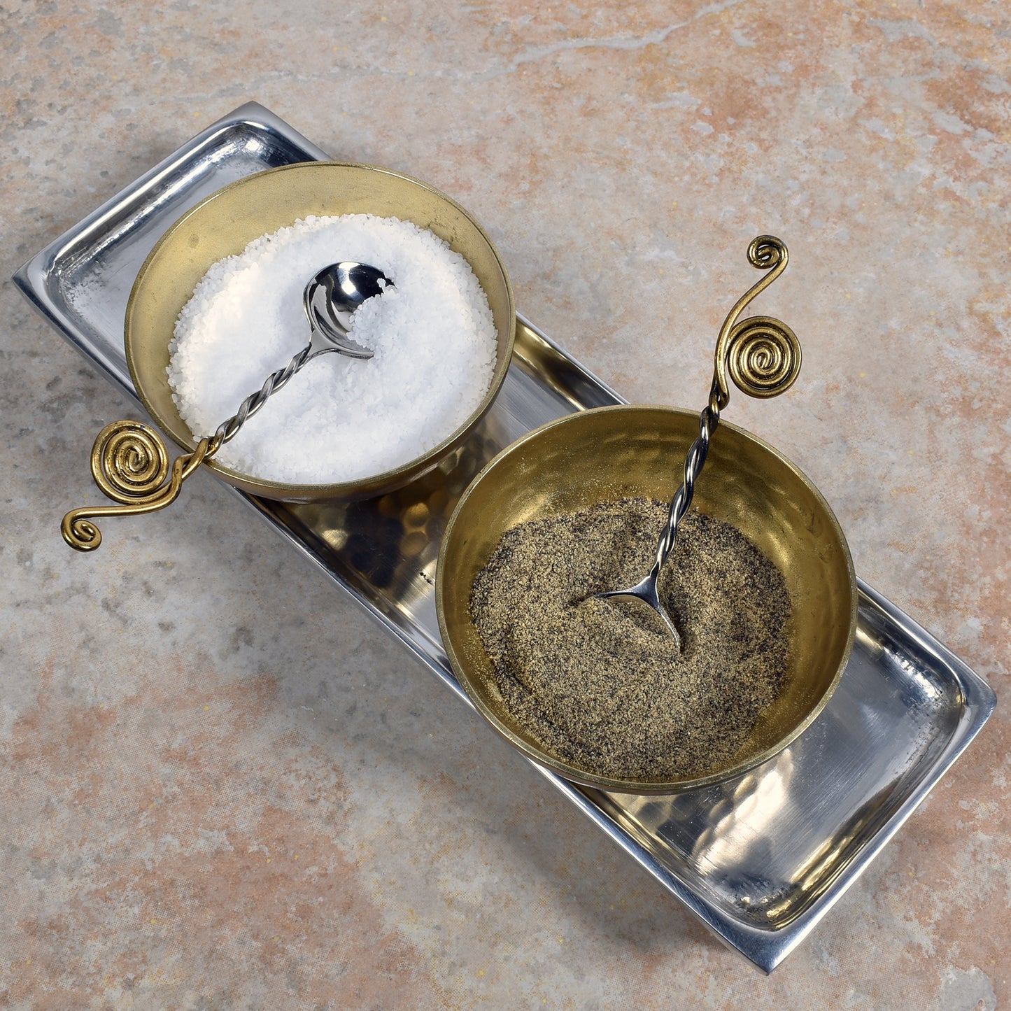 Hammered Metal 3-inch Condiment Bowls with Spoons and Cast Aluminum Tray, Gold/Silver