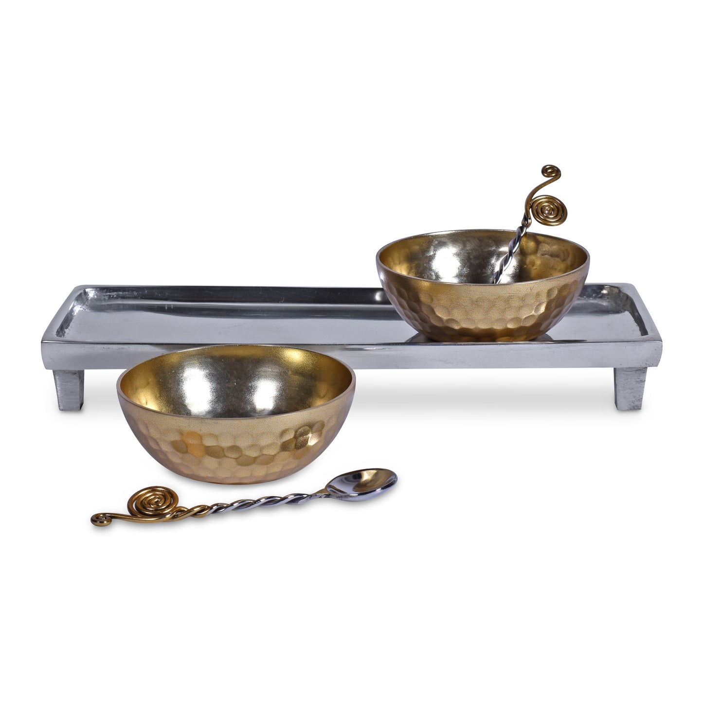 Hammered Metal 3-inch Condiment Bowls with Spoons and Cast Aluminum Tray, Gold/Silver