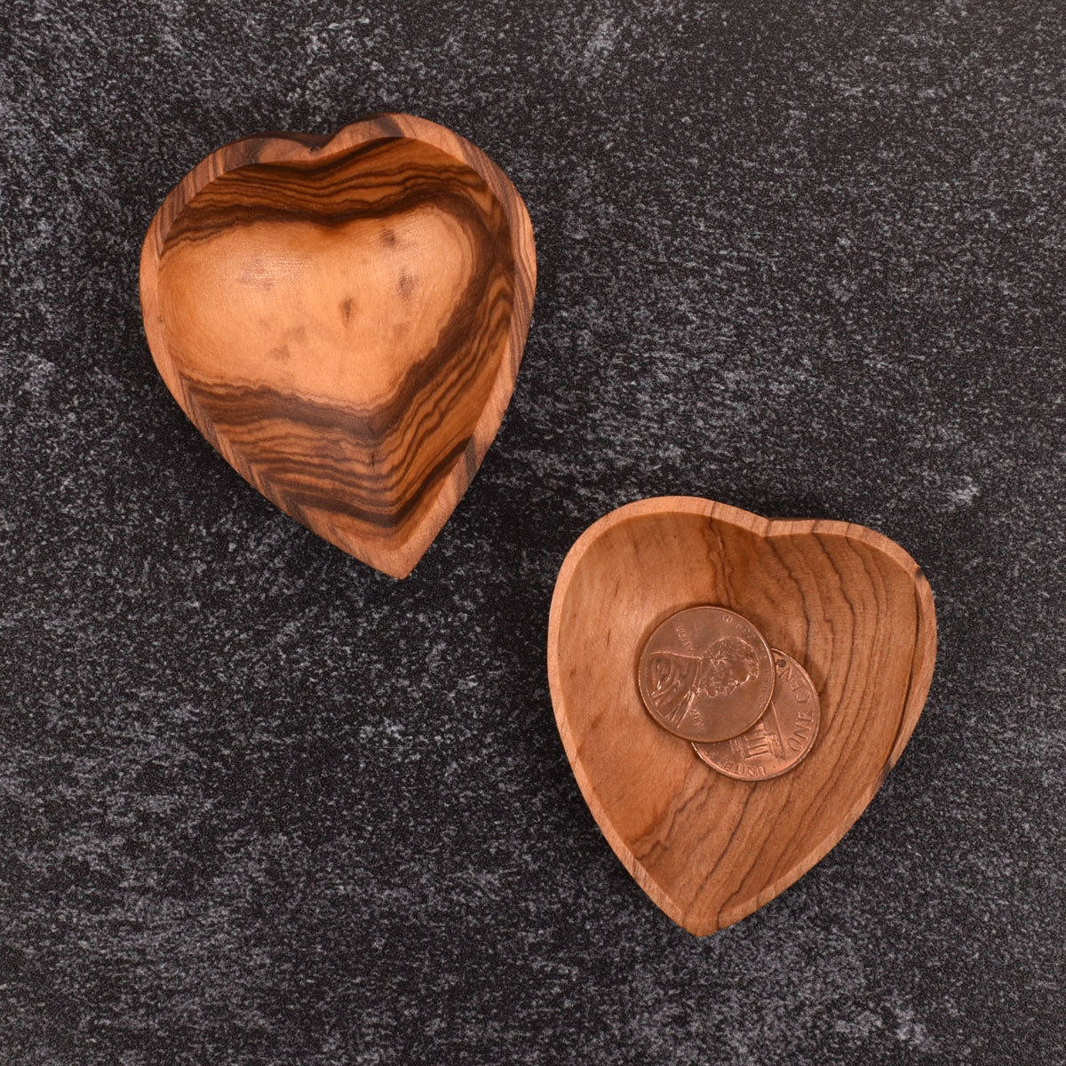 African Hand Carved Olive Wood Tiny Heart Bowls, Set of 2, Each One Unique