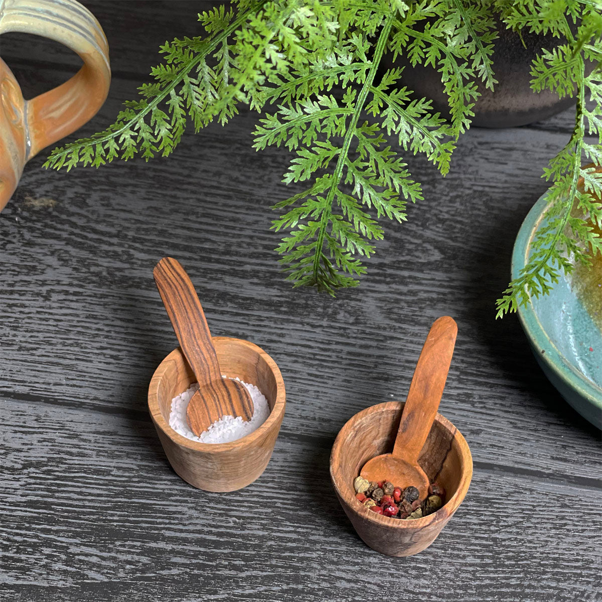 Rustic Olive Wood Salt and Pepper Pinch Pots with Spoons, Hand Carved in Kenya, Each One Unique