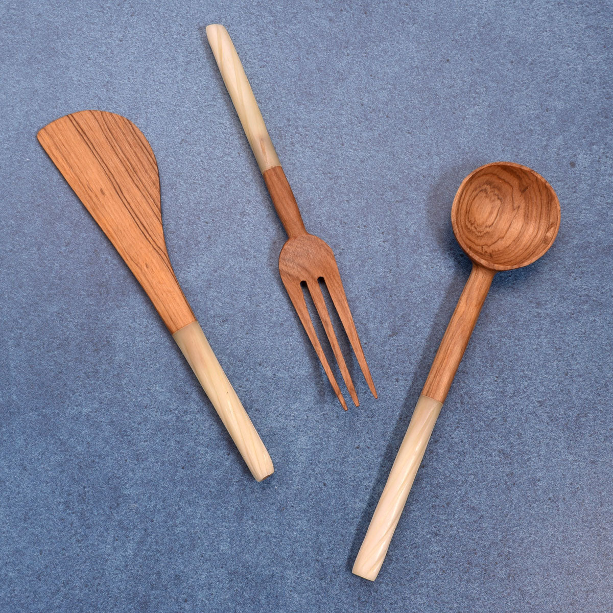African Olive Wood 3-piece Serving Set with Bone Handles, Handmade in Kenya