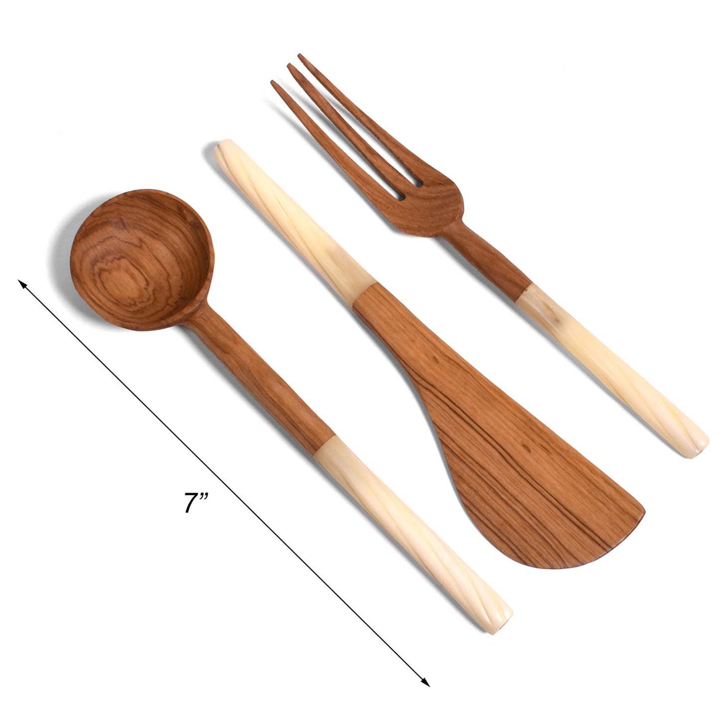 African Olive Wood 3-piece Serving Set with Bone Handles, Handmade in Kenya