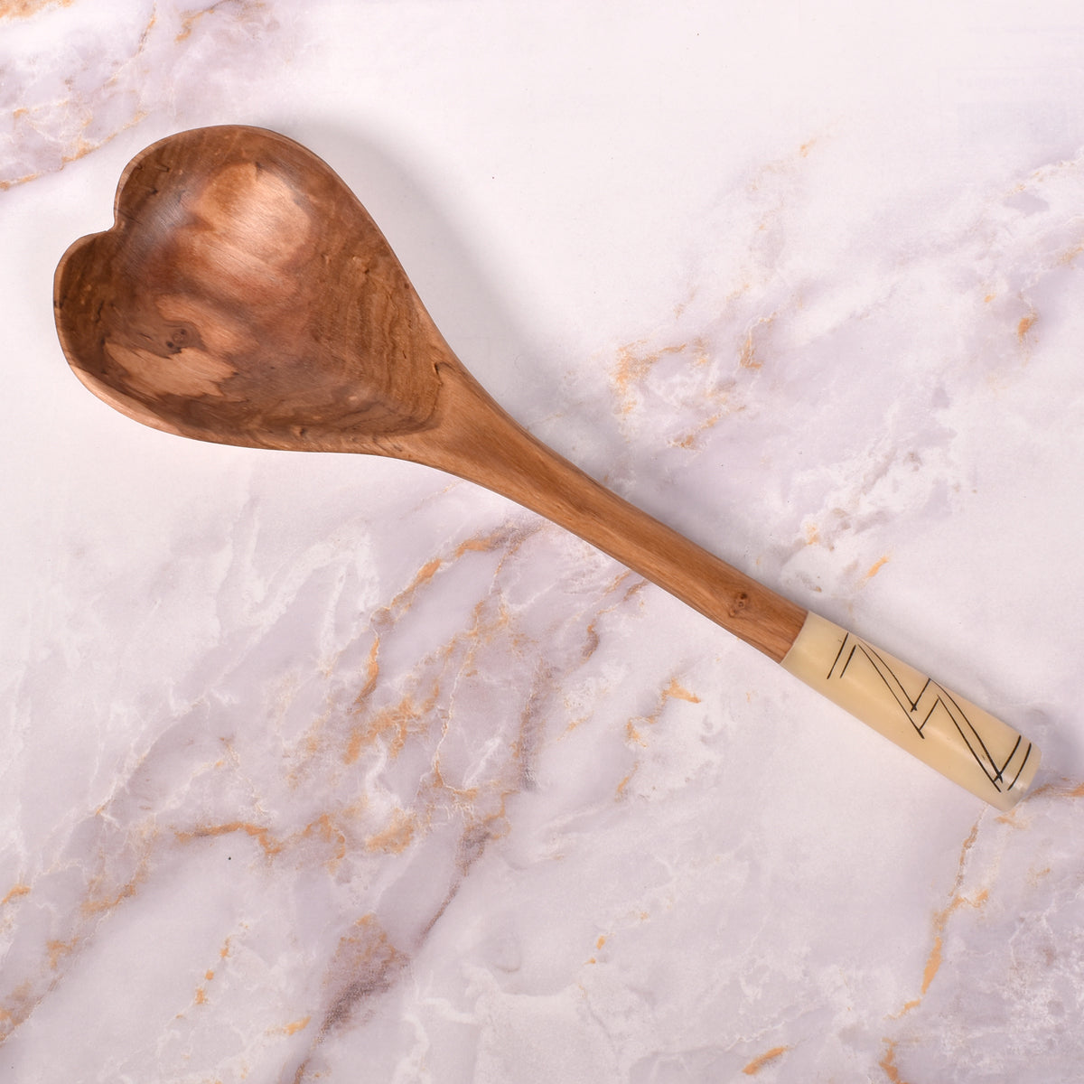 Kenyan Hand Carved Wild Olive Wood Heart-Shaped Spoon with Zig-Zag Bone Handle