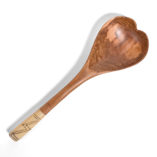 Kenyan Hand Carved Wild Olive Wood Heart-Shaped Spoon with Zig-Zag Bone Handle
