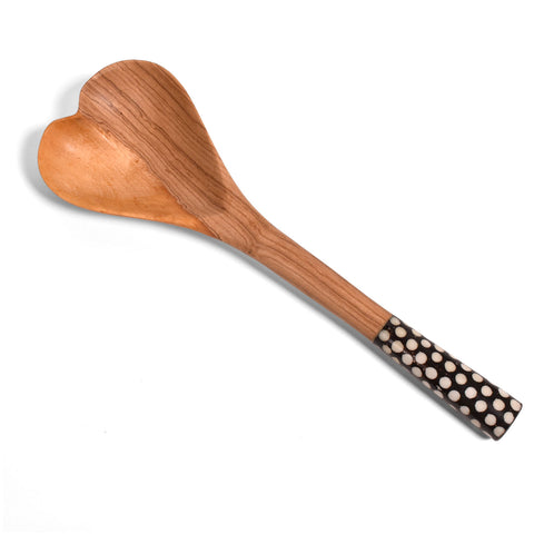 Heart-Shaped Wild Olive Wood Spoon with Polka Dot Bone Handle, Handmade in Kenya
