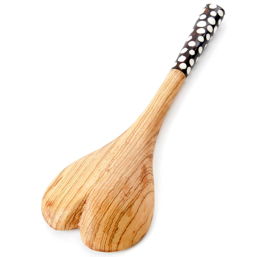 Heart-Shaped Wild Olive Wood Spoon with Polka Dot Bone Handle, Handmade in Kenya