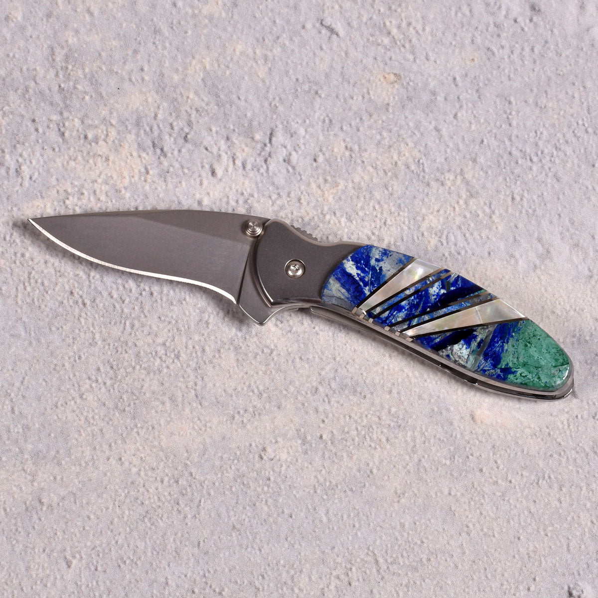 Santa Fe Stoneworks Kershaw Chive Ken Onion Pocketknife, Plain Blade, Azurite/Mother of Pearl Handle (Each One Unique)
