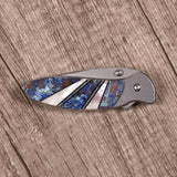 Santa Fe Stoneworks Kershaw Chive Ken Onion Pocketknife, Plain Blade, Azurite/Mother of Pearl Handle (Each One Unique)