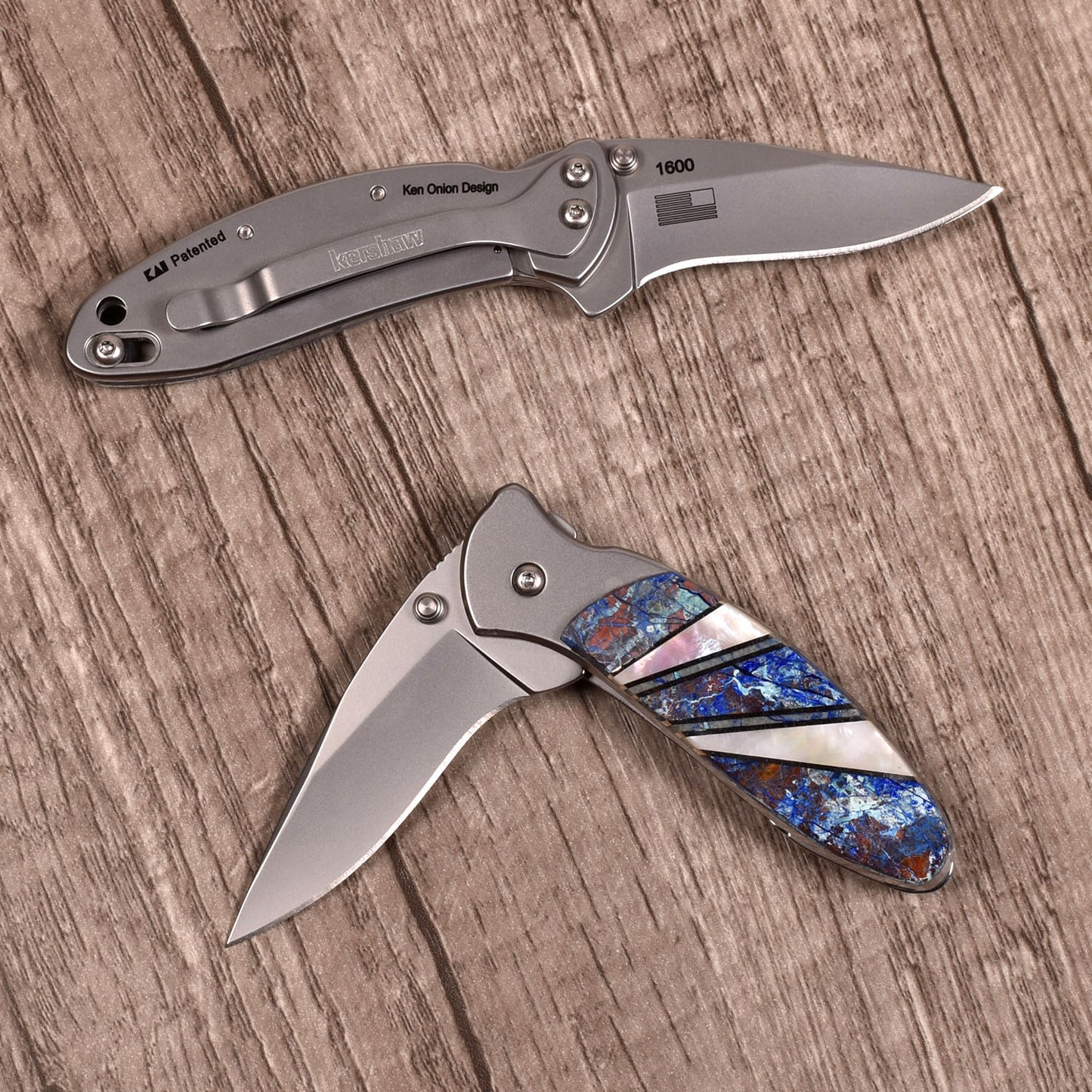 Santa Fe Stoneworks Kershaw Chive Ken Onion Pocketknife, Plain Blade, Azurite/Mother of Pearl Handle (Each One Unique)