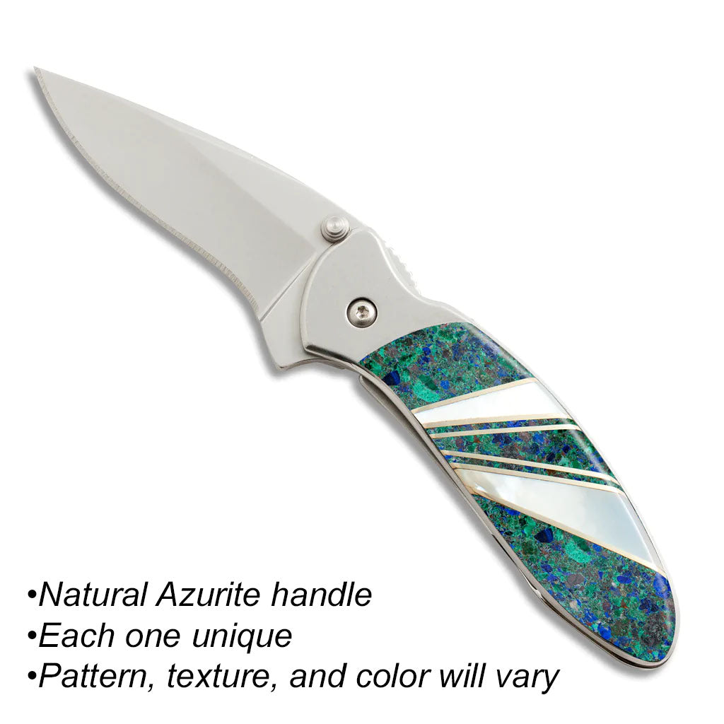 Santa Fe Stoneworks Kershaw Chive Ken Onion Pocketknife, Plain Blade, Azurite/Mother of Pearl Handle (Each One Unique)