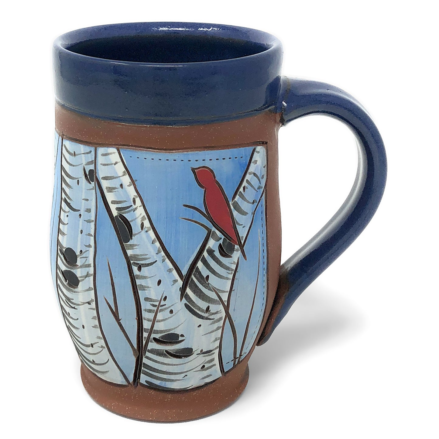 Jennifer Stas Pottery White Birch with Cardinals 16-ounce Mug, Blue/Multi