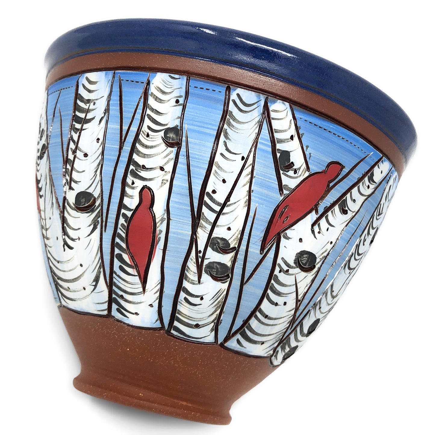 Jennifer Stas Pottery White Birch with Cardinals 7-inch Round Bowl, Blue/Multi