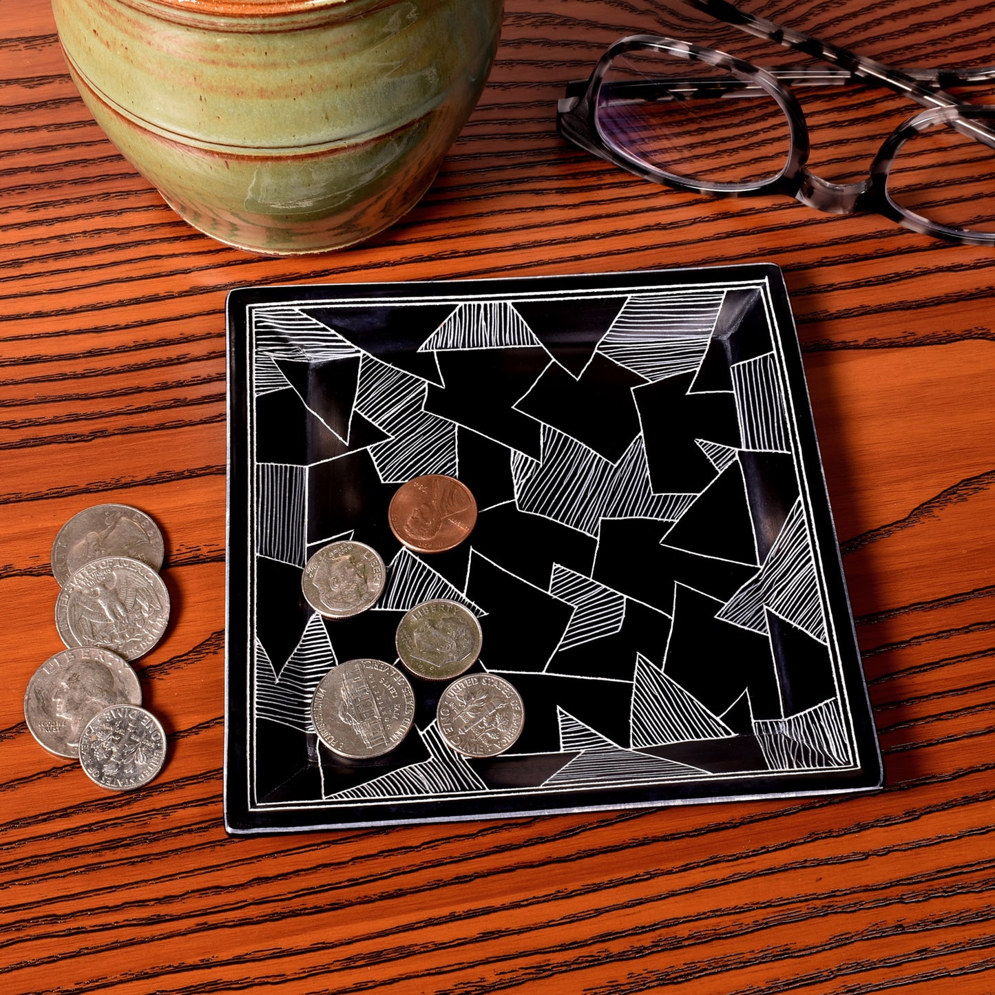 Dragonglass Pattern 5-inch Square Soapstone Tray, Handmade in Kenya, Black