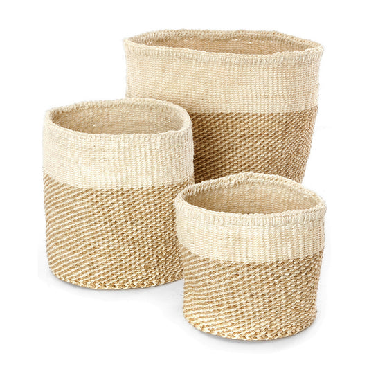 Kenyan Handwoven Sisal Nesting Baskets, Beige and Cream Twill, Set of 3