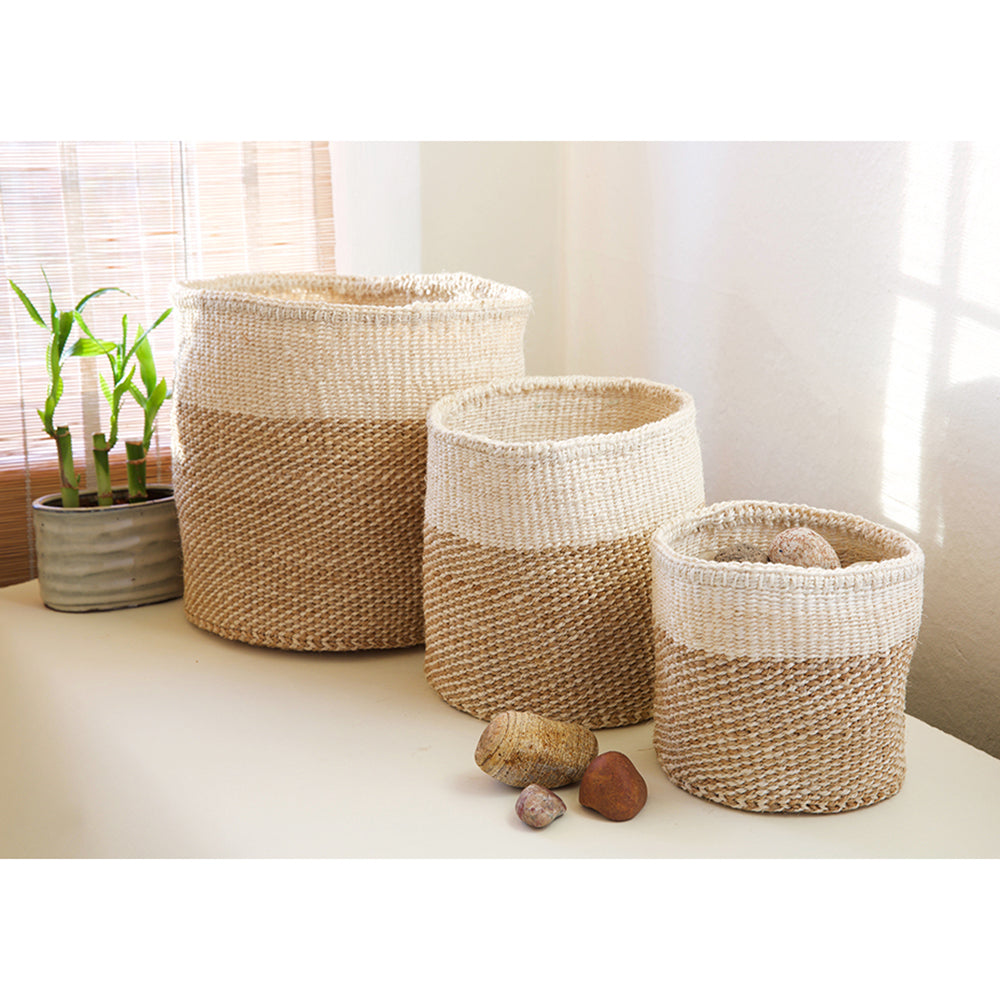 Kenyan Handwoven Sisal Nesting Baskets, Beige and Cream Twill, Set of 3