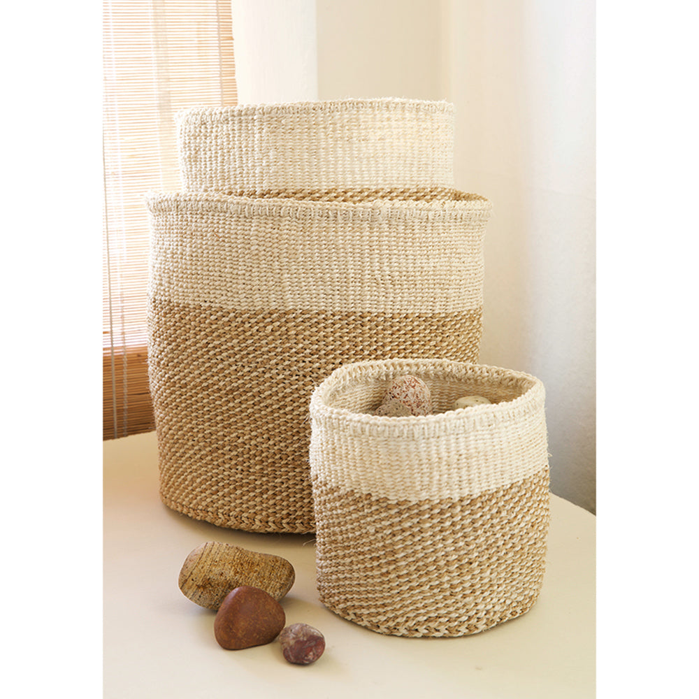 Kenyan Handwoven Sisal Nesting Baskets, Beige and Cream Twill, Set of 3