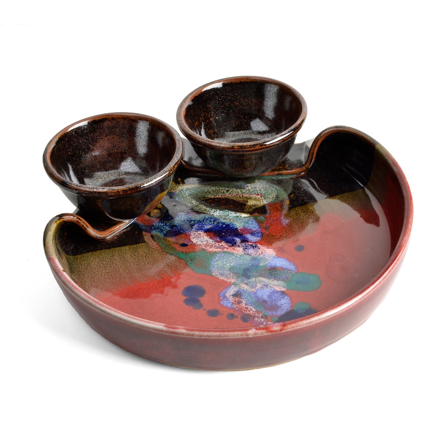 Larrabee Ceramics Double Bowl Chip and Dip Platter, Red/Multi