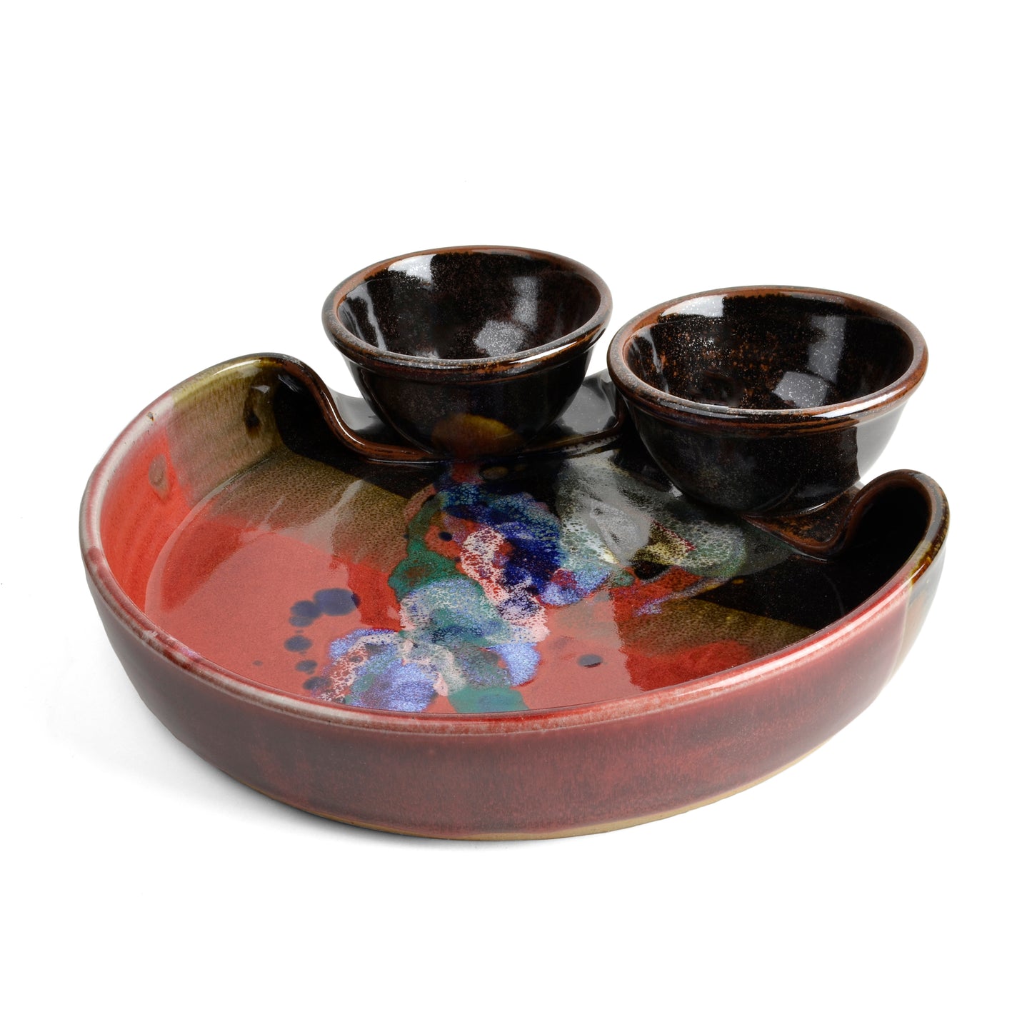 Larrabee Ceramics Double Bowl Chip and Dip Platter, Red/Multi